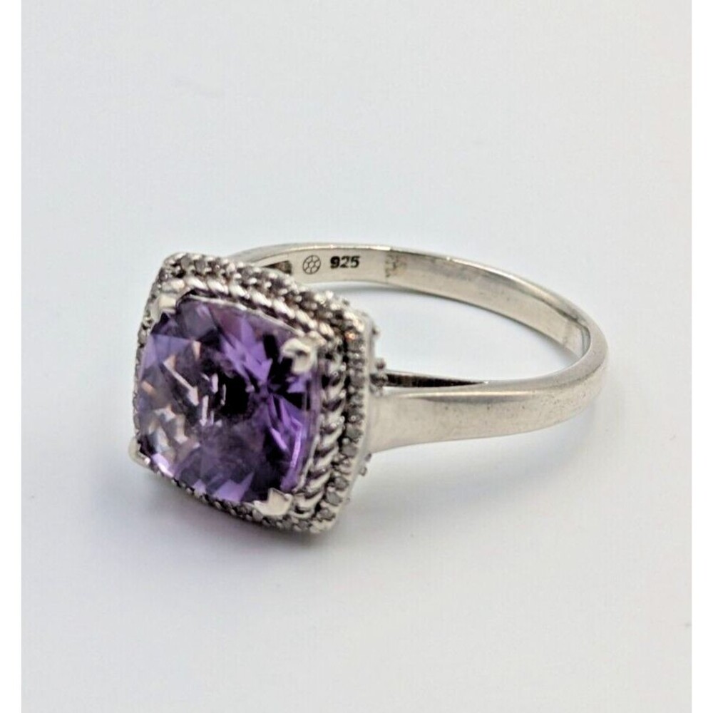 Sterling Silver 925 Checkerboard Cut Amethyst Pave Diamond Cocktail Ring Sz 11.5